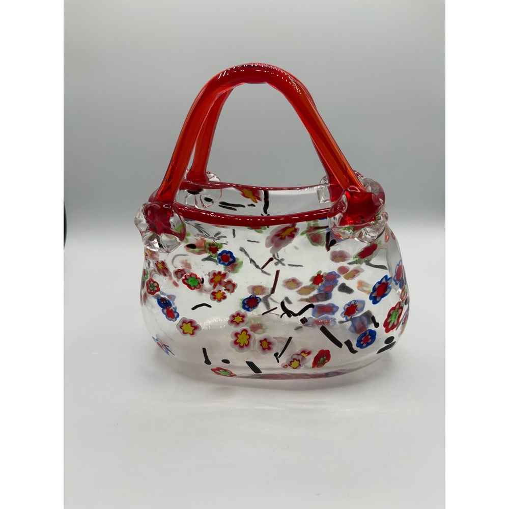 Millefiori Art Glass Purse Vase Clear with Red Handles Floral Decorative Bag